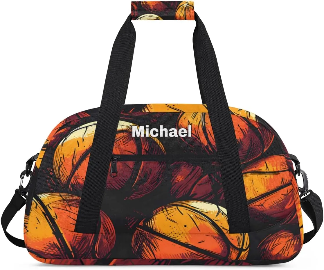 Personalized Basketball Sports Duffel Bag with Name, Men Sport Duffel Gym Training Bag Weekender Bags Athlete Bag Travel Workout Duffel Bag, Orange Drawn Basketball Orange
