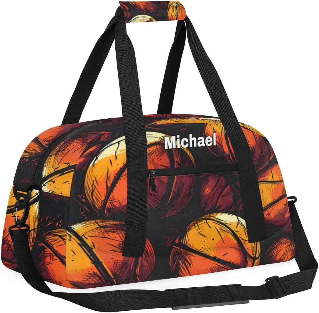 Personalized Basketball Sports Duffel Bag with Name, Men Sport Duffel Gym Training Bag Weekender Bags Athlete Bag Travel Workout Duffel Bag, Orange Drawn Basketball Orange