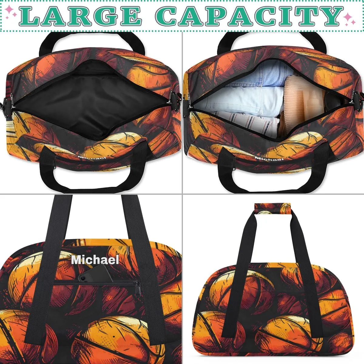 Personalized Basketball Sports Duffel Bag with Name, Men Sport Duffel Gym Training Bag Weekender Bags Athlete Bag Travel Workout Duffel Bag, Orange Drawn Basketball Orange