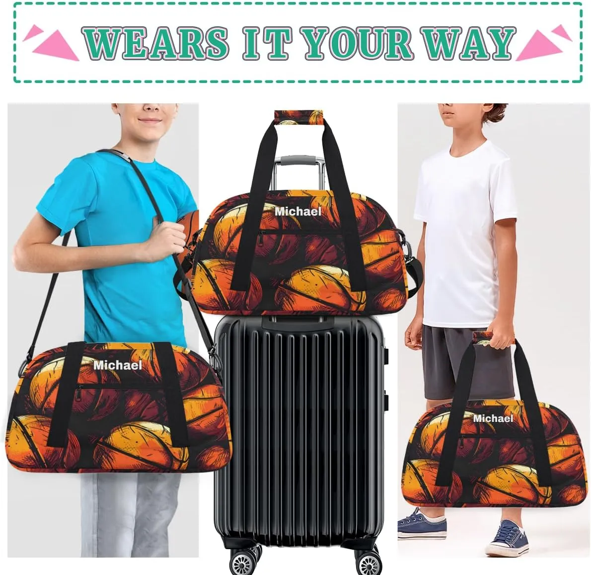 Personalized Basketball Sports Duffel Bag with Name, Men Sport Duffel Gym Training Bag Weekender Bags Athlete Bag Travel Workout Duffel Bag, Orange Drawn Basketball Orange