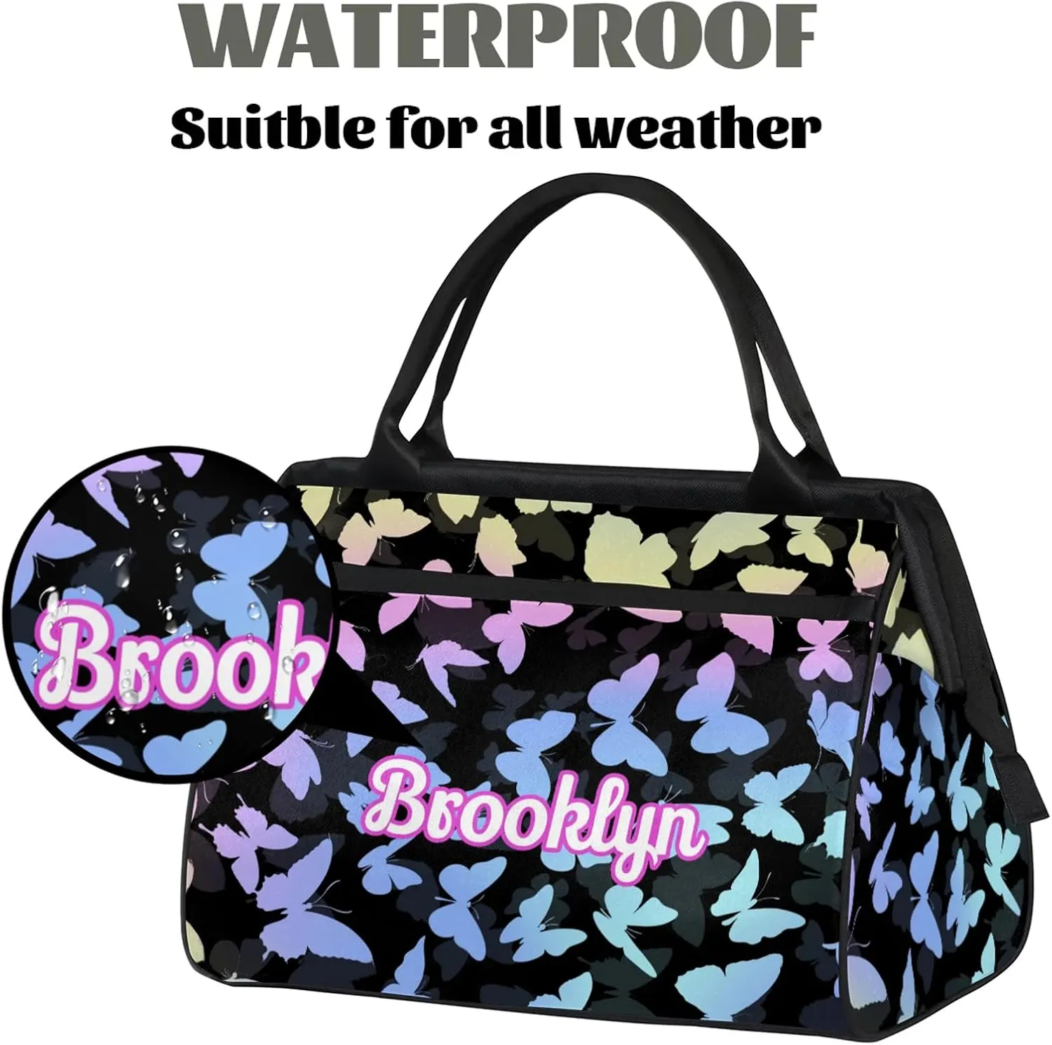 Personalized Butterfly Duffel Bag with Name Custom Travel Sports Bag for Women Men Waterproof Dance Ballet Bag Lightweight 15.2in, Colorful Blue
