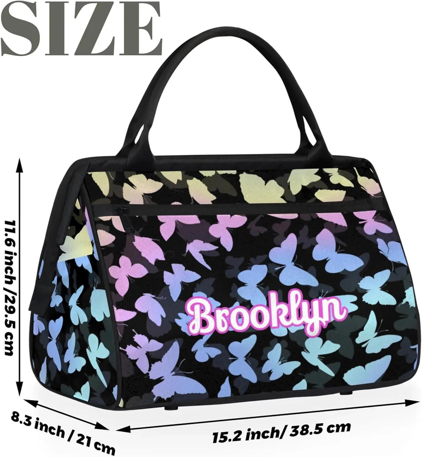 Personalized Butterfly Duffel Bag with Name Custom Travel Sports Bag for Women Men Waterproof Dance Ballet Bag Lightweight 15.2in, Colorful Blue