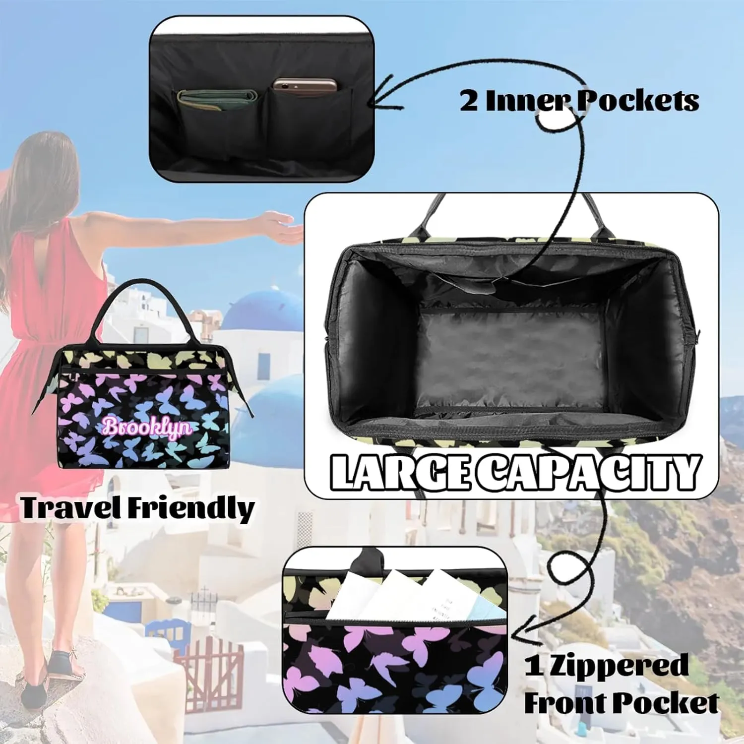 Personalized Butterfly Duffel Bag with Name Custom Travel Sports Bag for Women Men Waterproof Dance Ballet Bag Lightweight 15.2in, Colorful Blue