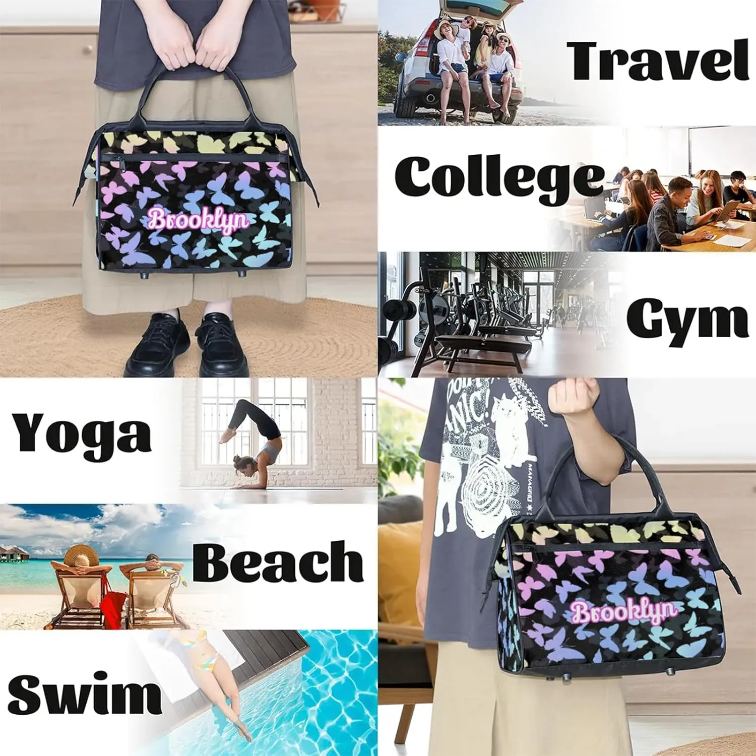 Personalized Butterfly Duffel Bag with Name Custom Travel Sports Bag for Women Men Waterproof Dance Ballet Bag Lightweight 15.2in, Colorful Blue
