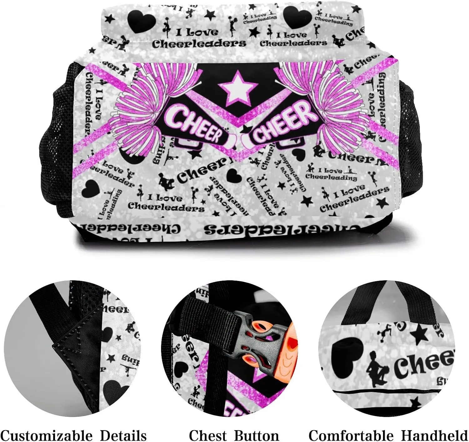 Personalized Cheer Pink Fuchsia Cheerleader Glitter Print Bags with Name Bag Waterproof Backpack Unisex Schoolbag Gift Casual Pack for Student Boys Girls