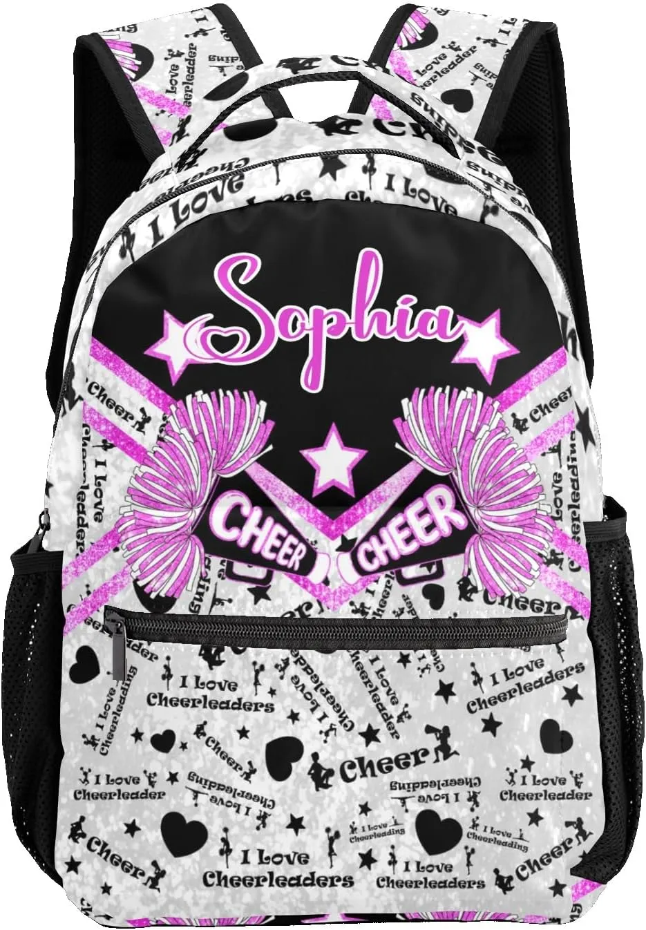 Personalized Cheer Pink Fuchsia Cheerleader Glitter Print Bags with Name Bag Waterproof Backpack Unisex Schoolbag Gift Casual Pack for Student Boys Girls