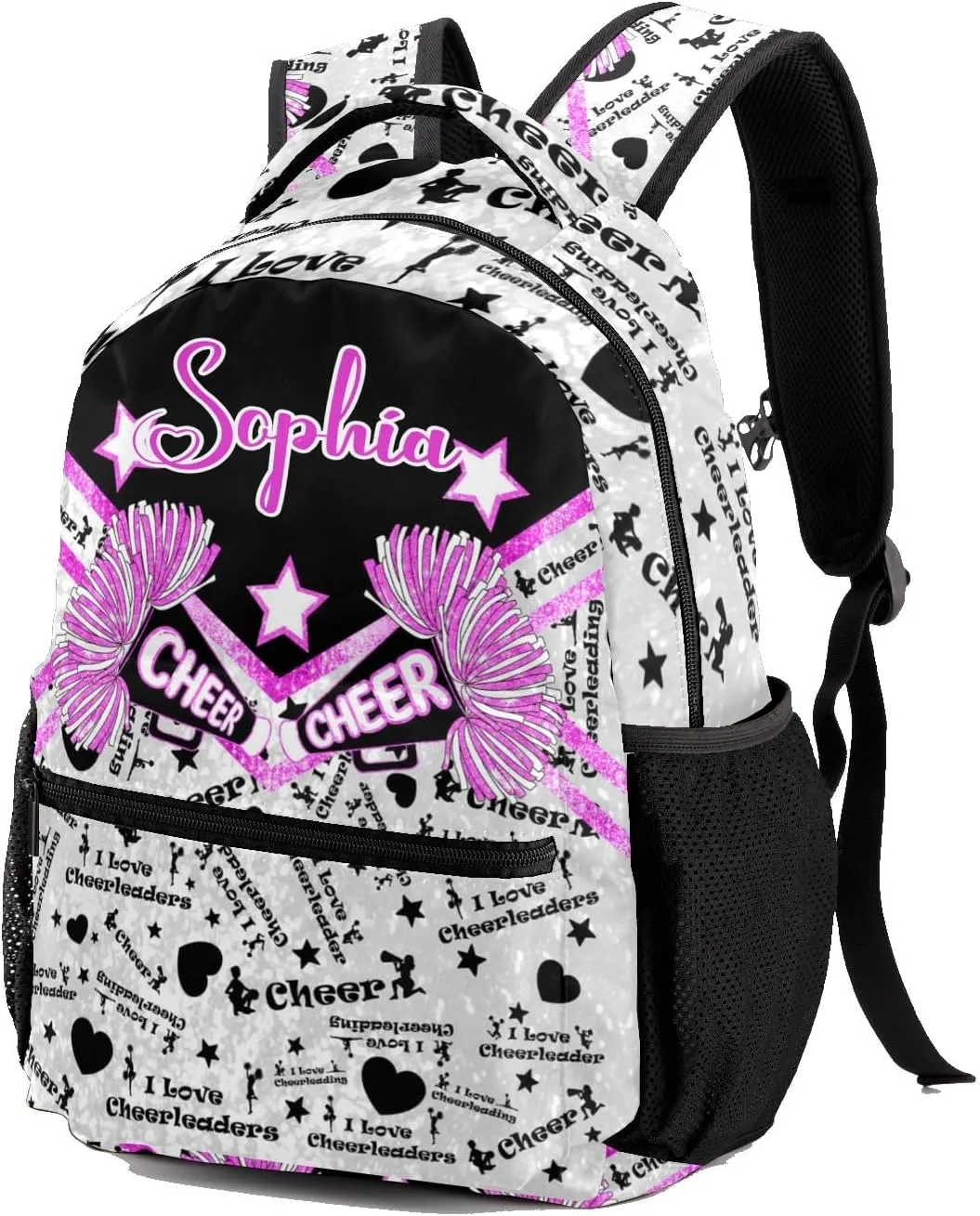 Personalized Cheer Pink Fuchsia Cheerleader Glitter Print Bags with Name Bag Waterproof Backpack Unisex Schoolbag Gift Casual Pack for Student Boys Girls