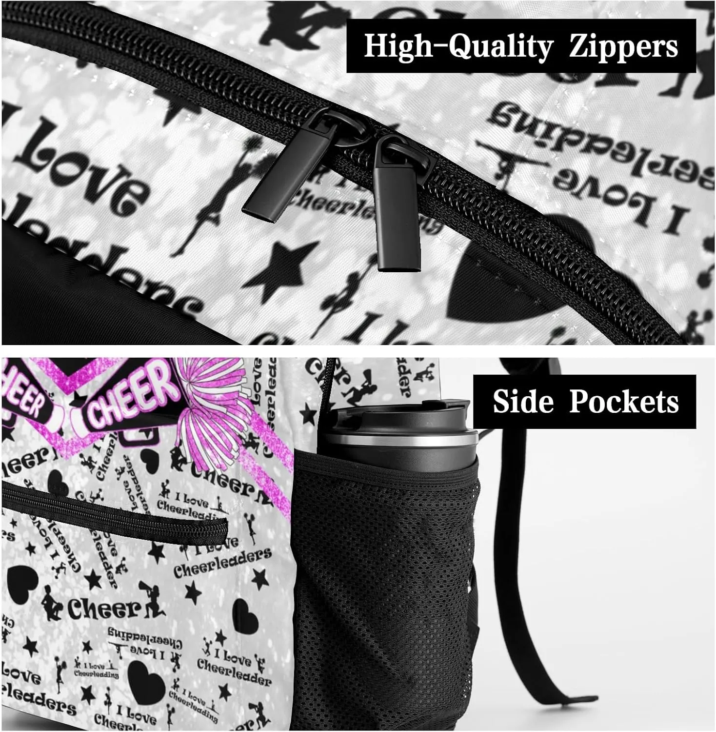 Personalized Cheer Pink Fuchsia Cheerleader Glitter Print Bags with Name Bag Waterproof Backpack Unisex Schoolbag Gift Casual Pack for Student Boys Girls