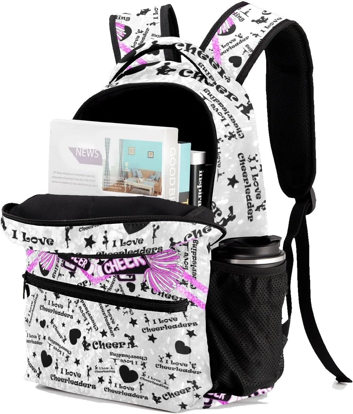 Personalized Cheer Pink Fuchsia Cheerleader Glitter Print Bags with Name Bag Waterproof Backpack Unisex Schoolbag Gift Casual Pack for Student Boys Girls