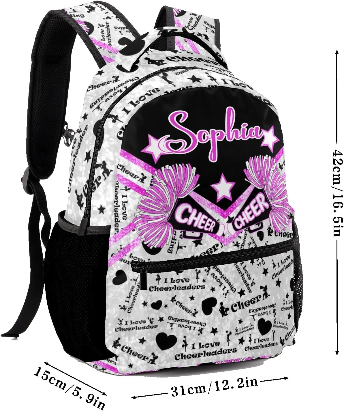 Personalized Cheer Pink Fuchsia Cheerleader Glitter Print Bags with Name Bag Waterproof Backpack Unisex Schoolbag Gift Casual Pack for Student Boys Girls