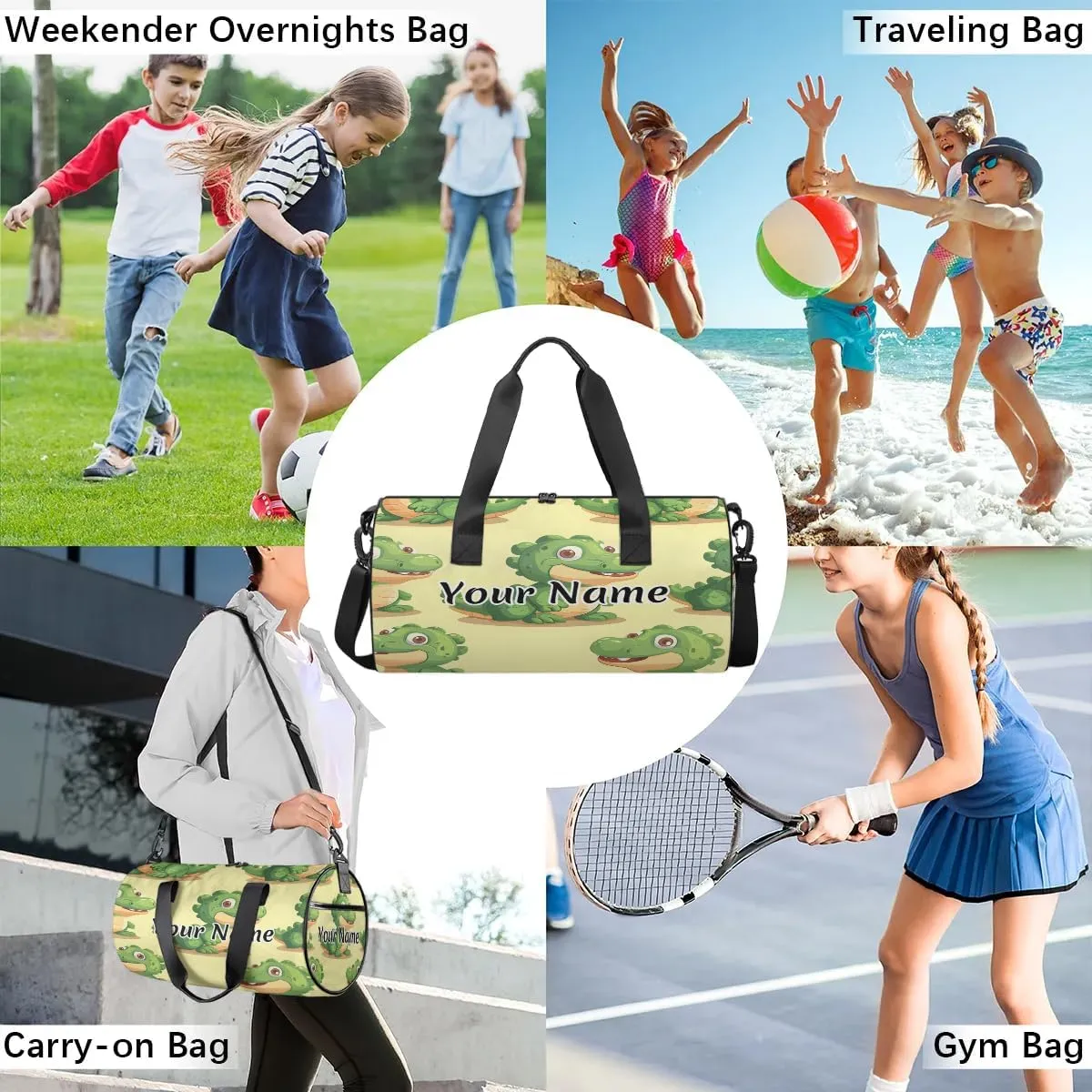 Personalized Duffel Bag for Women, Custom Cute Crocodiles Gym Bag for Sports, Waterproof Dance Bag with Name, Lightweight Carryon Gym Bag, Crocodile