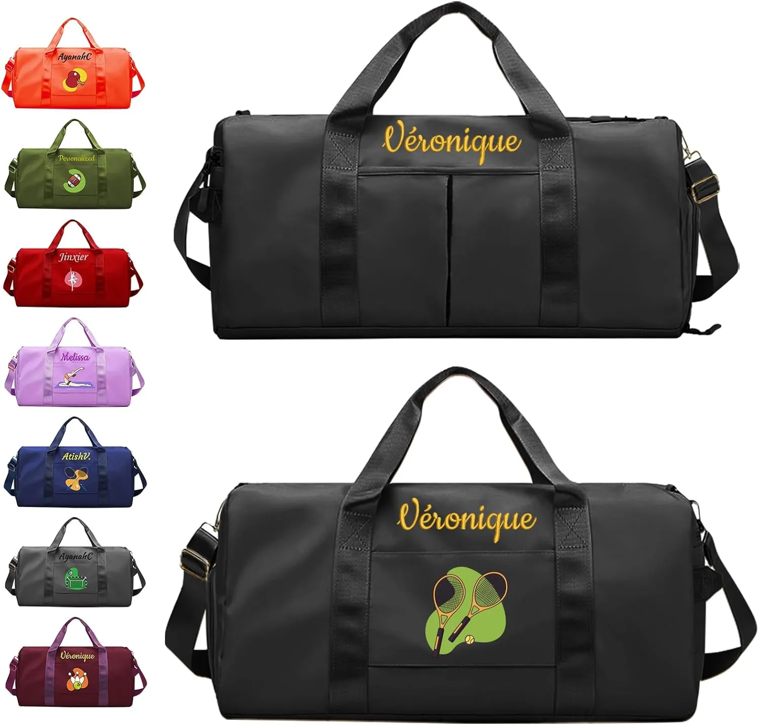 Personalized Duffle Bag with Embroidery Name/Color Print logo, Sports Yoga Dance Gym Bag, Waterproof Dufflebag Weekend Getaway for Women Men, with Shoe and Wet Clothes Compartments-Black