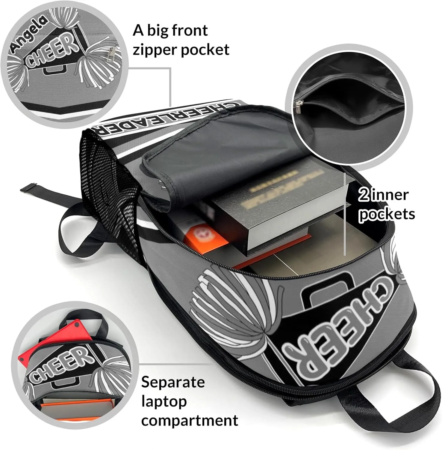 Personalized Gray Cheerleading Stripes Shoulder Bag Backpack Daypack Multifunction Leisure Schoolbag Outdoor Casual Bag with Name Custom