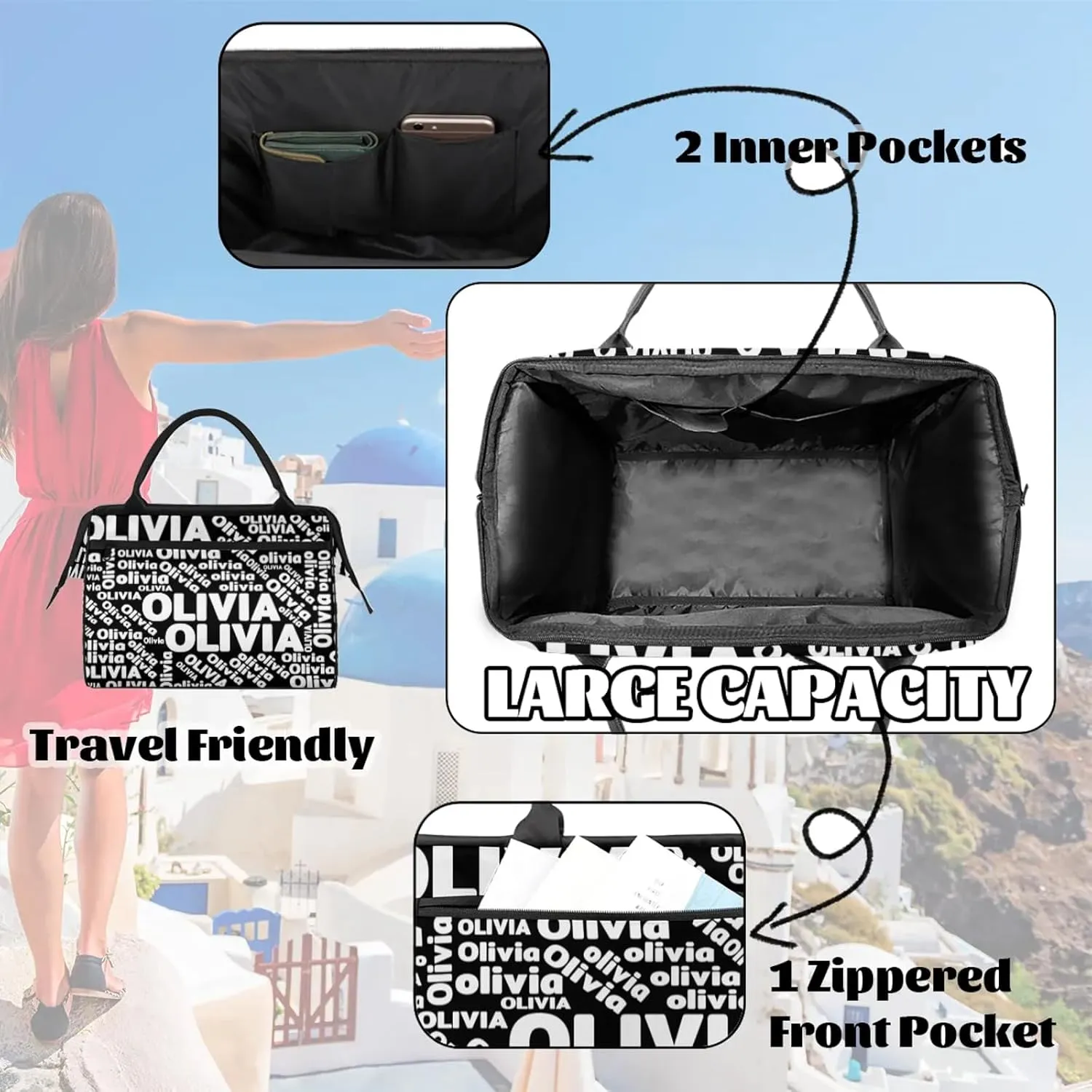 Personalized Gym Sport Duffel Bag with Name Custom Travel Overnight Bag Waterproof Customized Dance Bag Carry-On Tote 15.2in, Pure Black