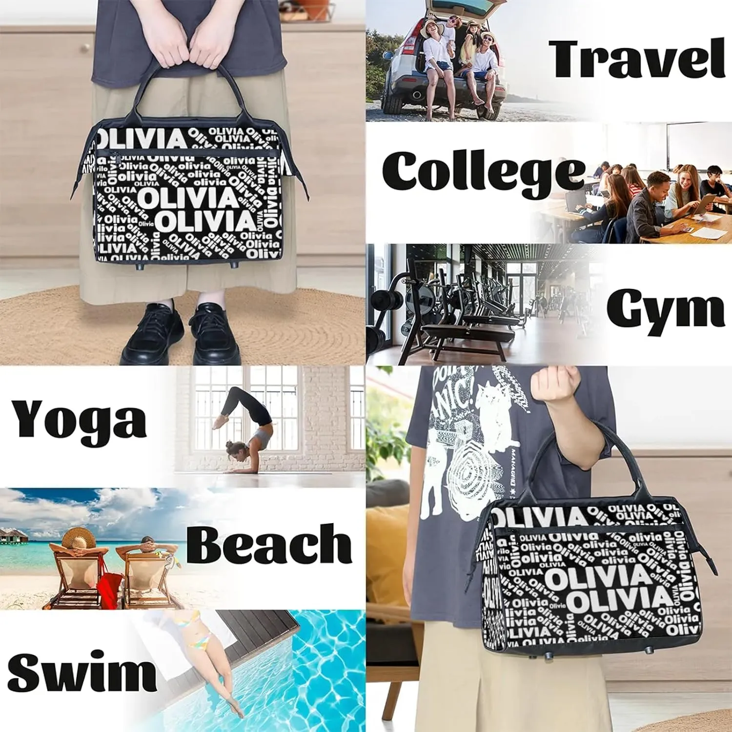 Personalized Gym Sport Duffel Bag with Name Custom Travel Overnight Bag Waterproof Customized Dance Bag Carry-On Tote 15.2in, Pure Black