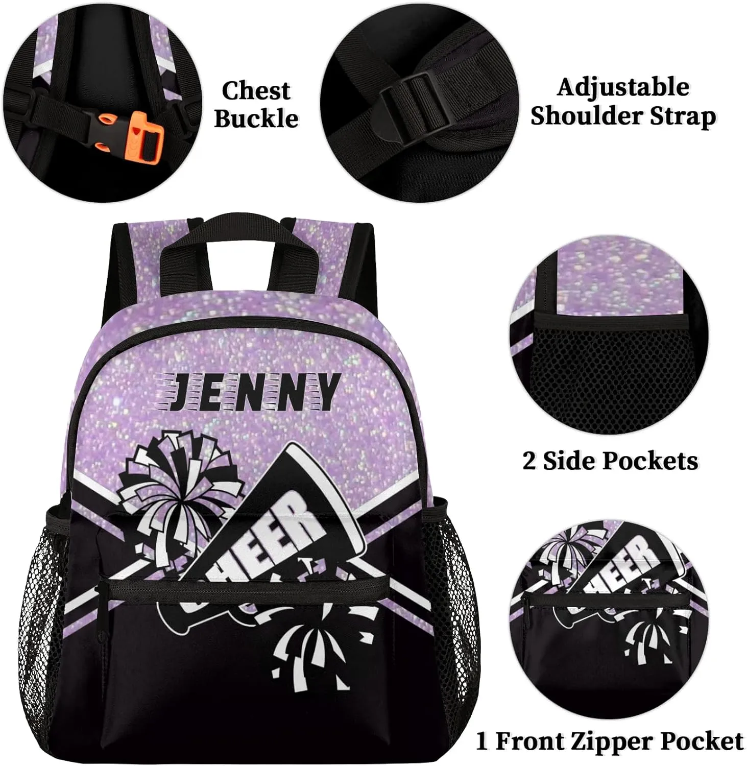 Personalized Kids Cheer Backpack for Girls Boy Cheerleader Preschool Toddler Backpack Kindergarten Nursery Bookbag Custom School Bag Purple Glitter