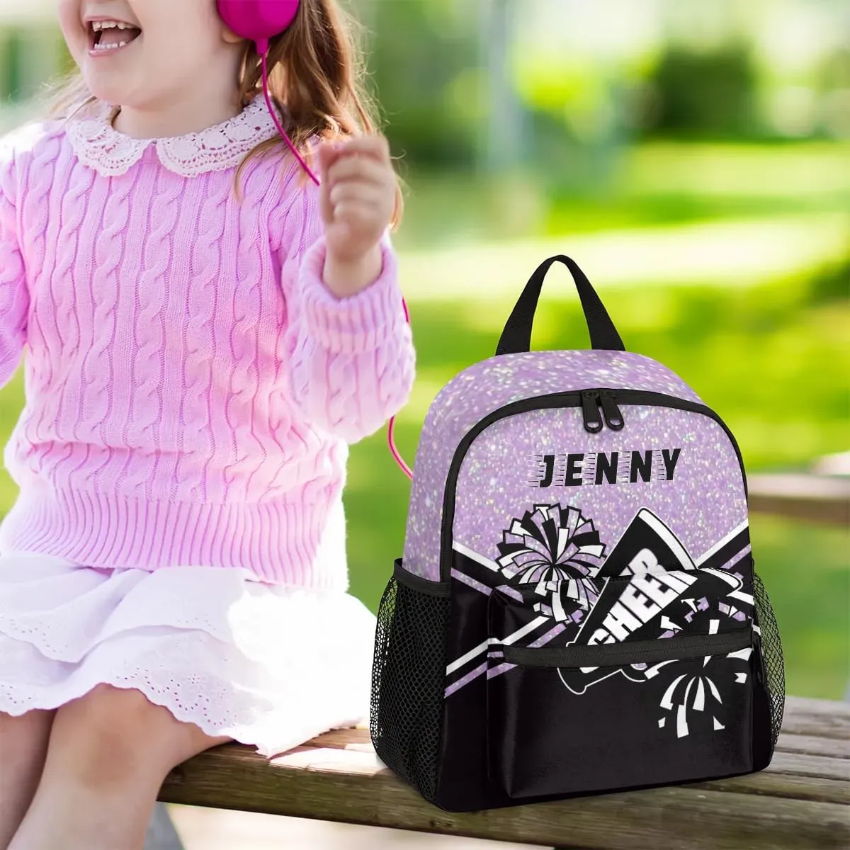 Personalized Kids Cheer Backpack for Girls Boy Cheerleader Preschool Toddler Backpack Kindergarten Nursery Bookbag Custom School Bag Purple Glitter