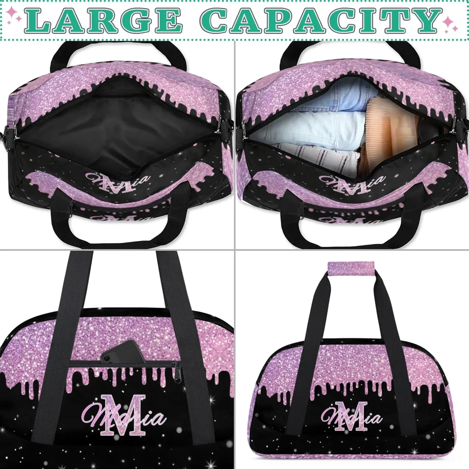 Personalized Kids Sports Duffel Bag with Name Custom Gym Dance Bag for Boys Girls Waterproof Weekender Overnight Bag for Travel Cheerleading Gymnastics Colorful Pink