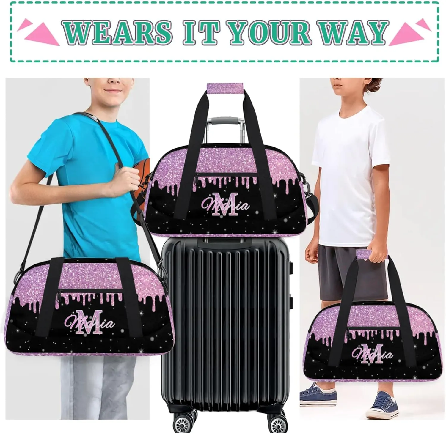 Personalized Kids Sports Duffel Bag with Name Custom Gym Dance Bag for Boys Girls Waterproof Weekender Overnight Bag for Travel Cheerleading Gymnastics Colorful Pink