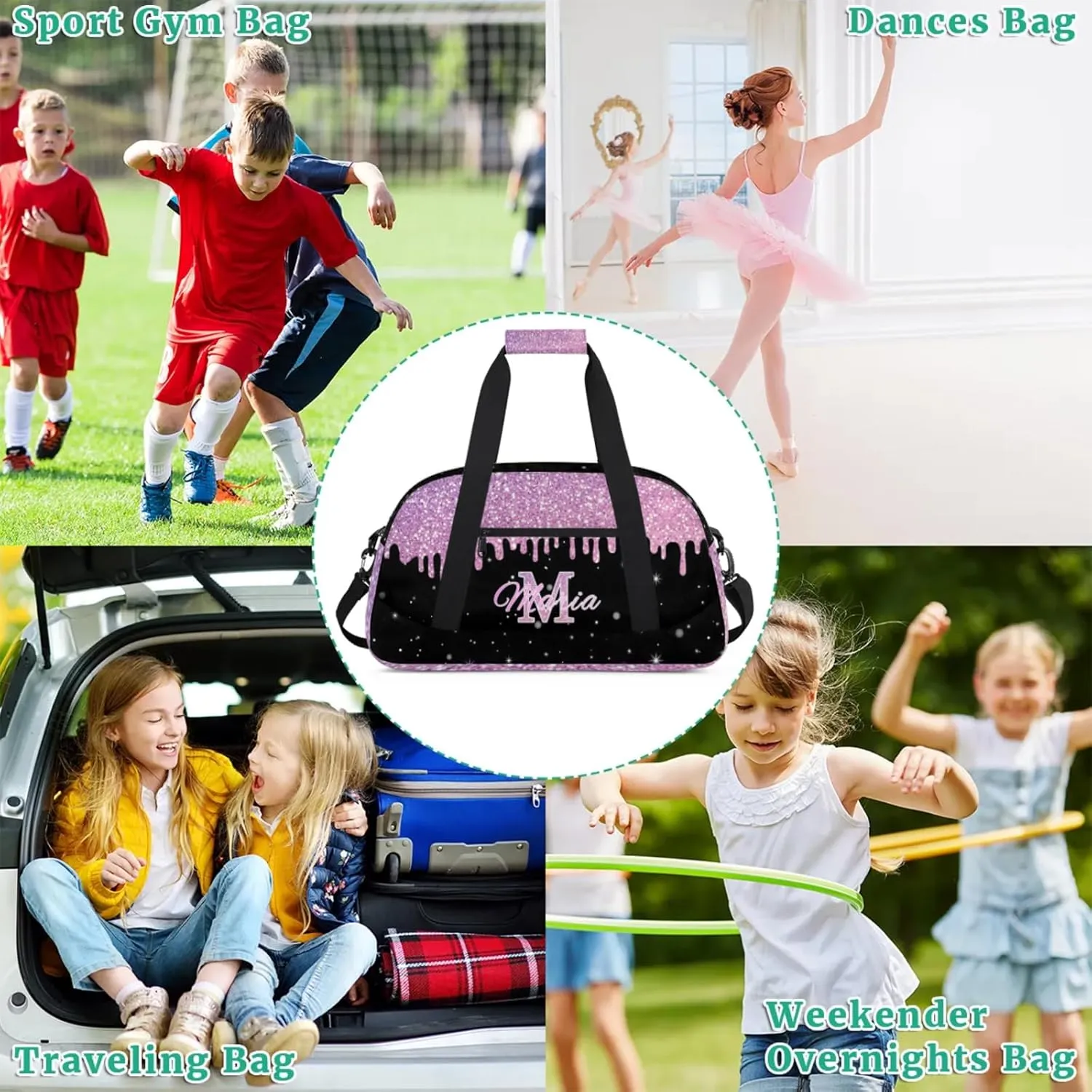 Personalized Kids Sports Duffel Bag with Name Custom Gym Dance Bag for Boys Girls Waterproof Weekender Overnight Bag for Travel Cheerleading Gymnastics Colorful Pink