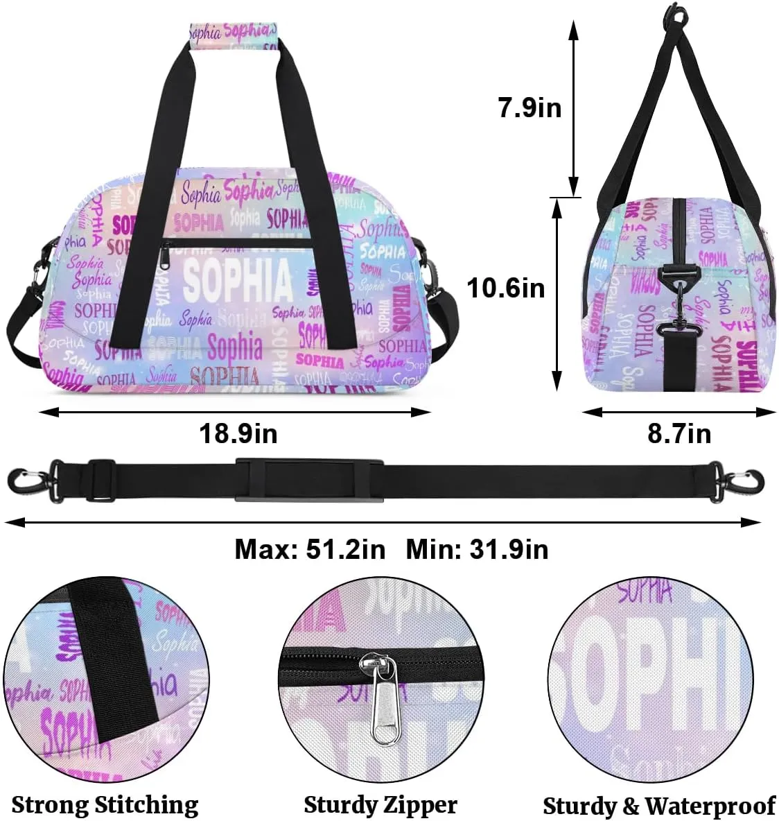 Personalized Name Dance Travel Bag for Girls, Custom Sport Duffel Bag Weekender Bags Travel Duffel Bag Gym Dancing Classes, Purple Pink Galaxy, Print Your Name all over the Bag