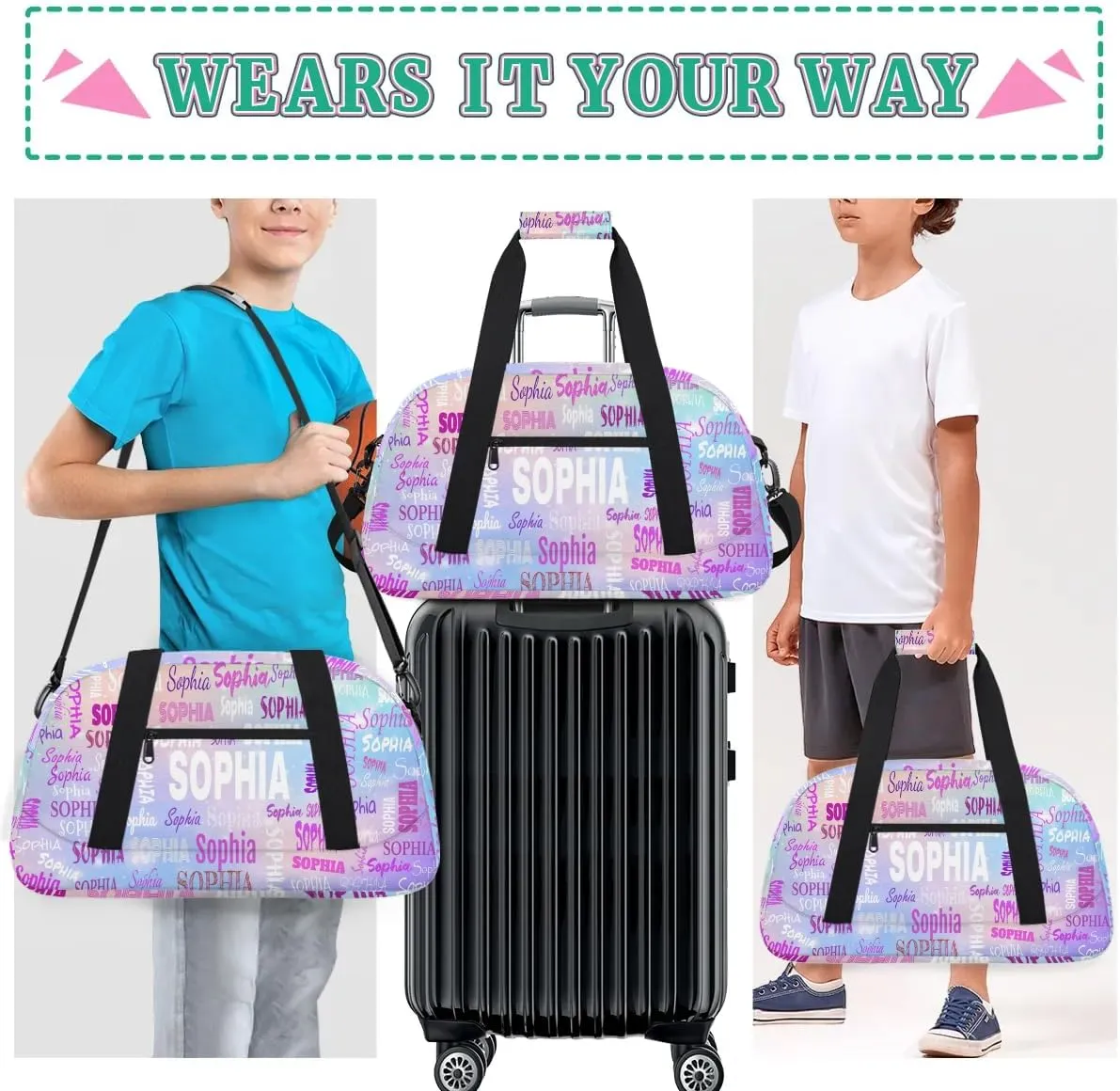 Personalized Name Dance Travel Bag for Girls, Custom Sport Duffel Bag Weekender Bags Travel Duffel Bag Gym Dancing Classes, Purple Pink Galaxy, Print Your Name all over the Bag