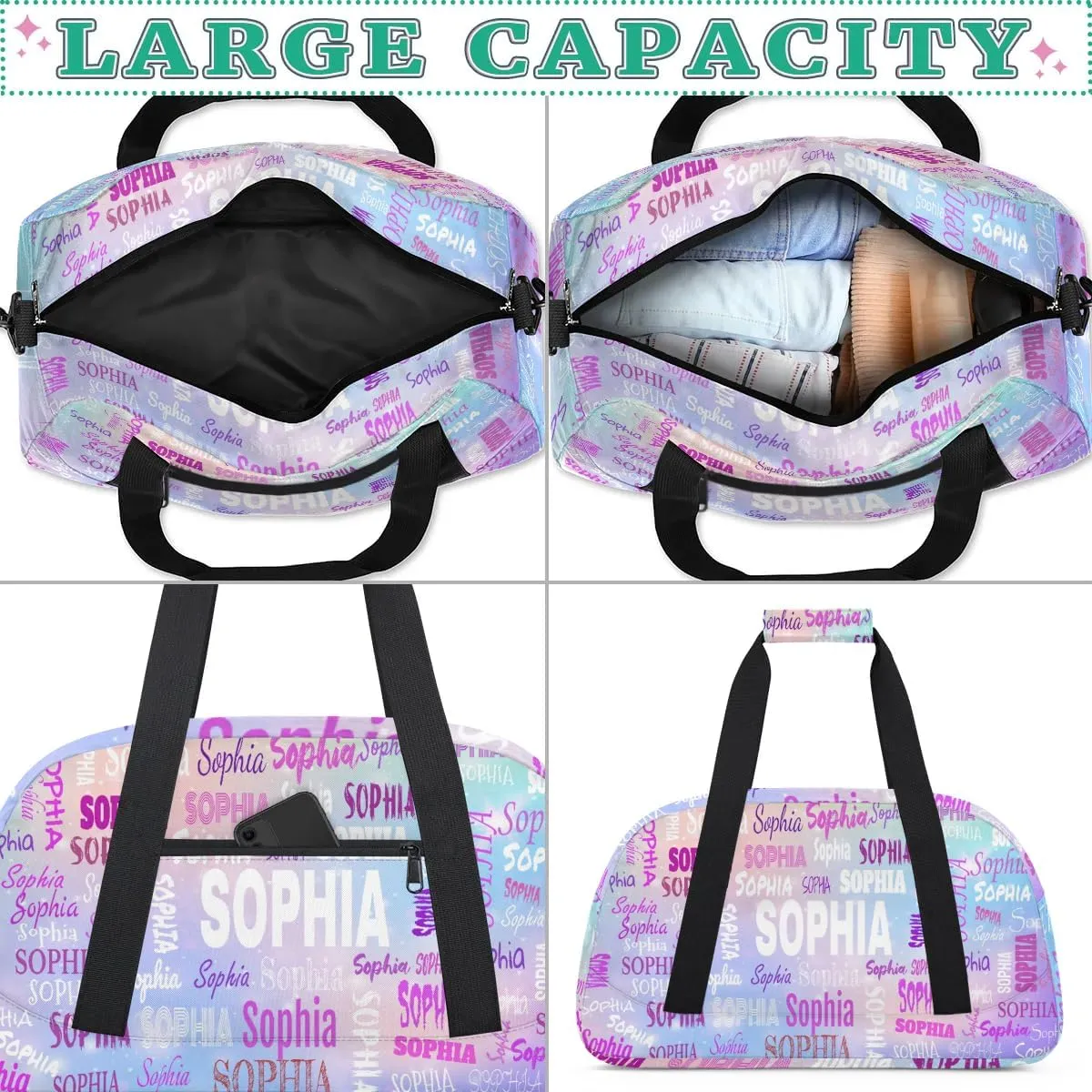 Personalized Name Dance Travel Bag for Girls, Custom Sport Duffel Bag Weekender Bags Travel Duffel Bag Gym Dancing Classes, Purple Pink Galaxy, Print Your Name all over the Bag