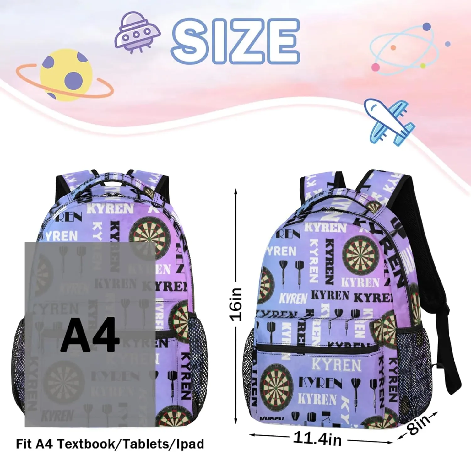 Personalized Name Darts Backpack, Sports Bag Backpack for Men Women, Custom Name Laptop Backpacks Travel Camping Daypack, Colorful