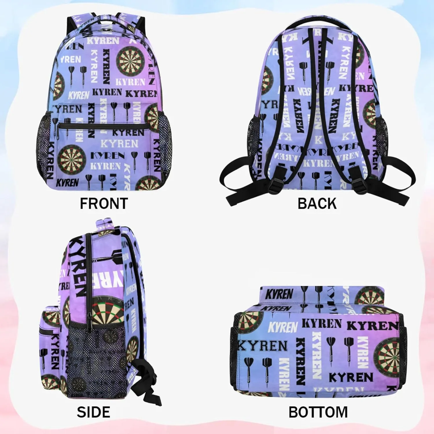 Personalized Name Darts Backpack, Sports Bag Backpack for Men Women, Custom Name Laptop Backpacks Travel Camping Daypack, Colorful