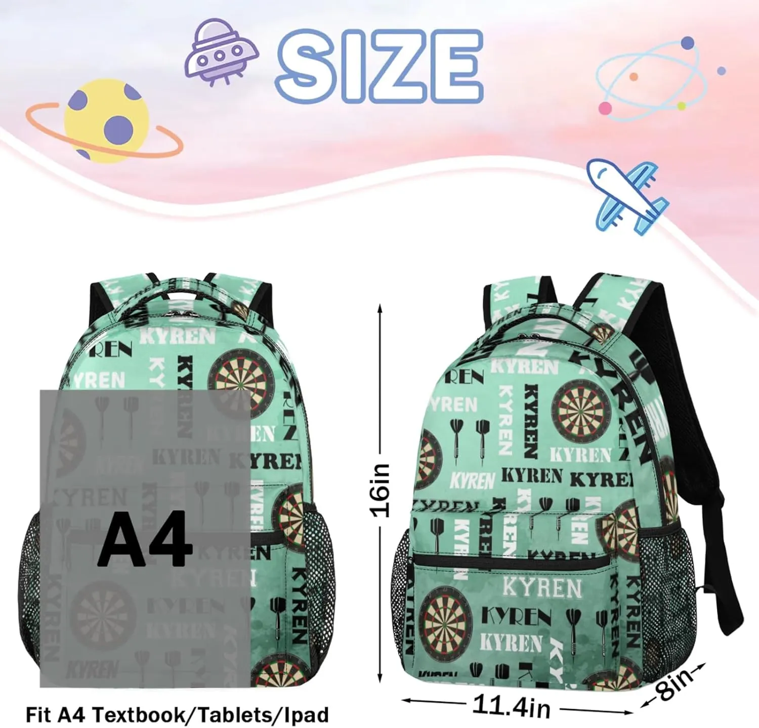 Personalized Name Darts Backpack, Sports Bag Backpack for Men Women, Custom Name Laptop Backpacks Travel Camping Daypack, Light Green