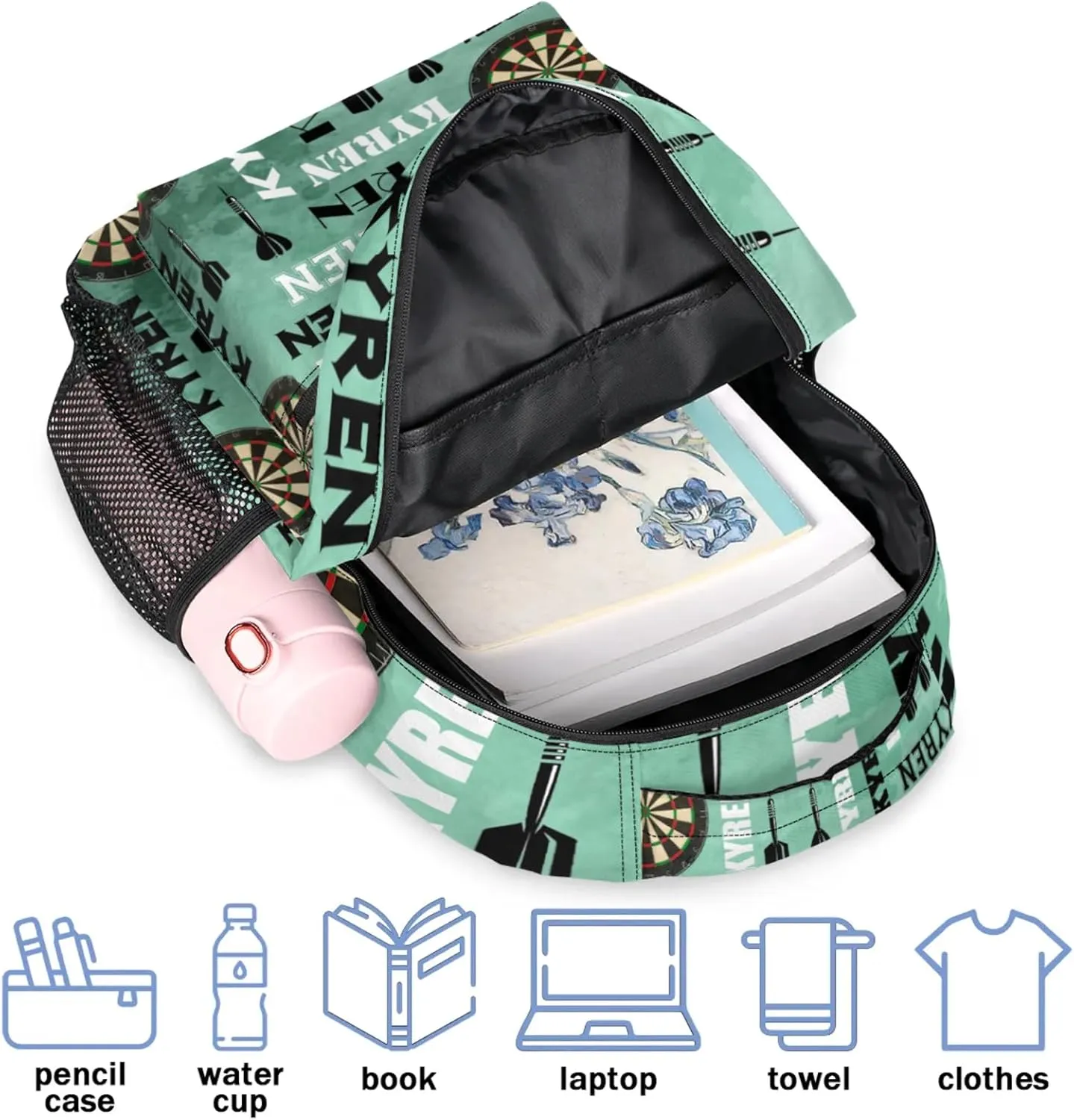 Personalized Name Darts Backpack, Sports Bag Backpack for Men Women, Custom Name Laptop Backpacks Travel Camping Daypack, Light Green