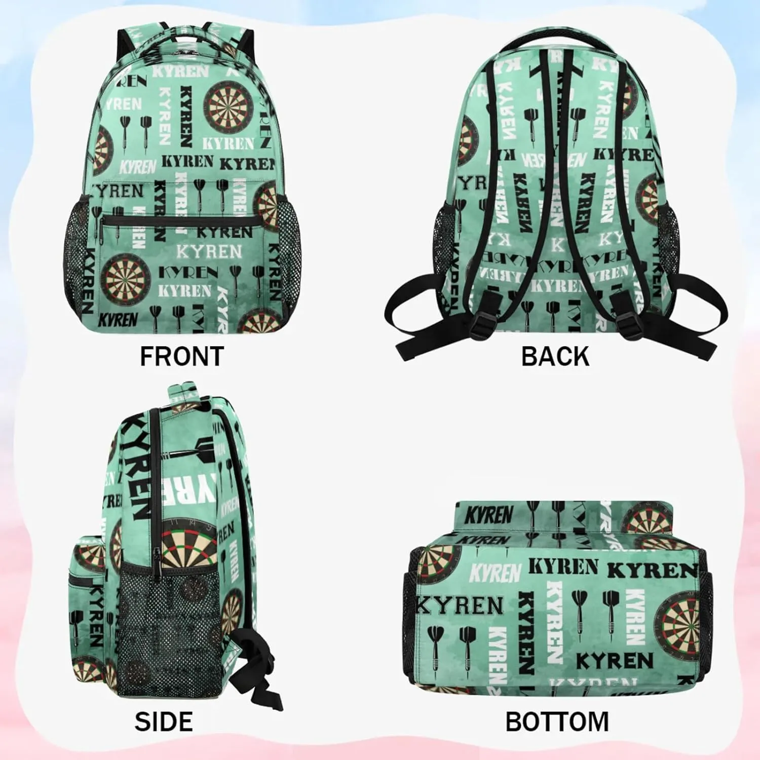 Personalized Name Darts Backpack, Sports Bag Backpack for Men Women, Custom Name Laptop Backpacks Travel Camping Daypack, Light Green