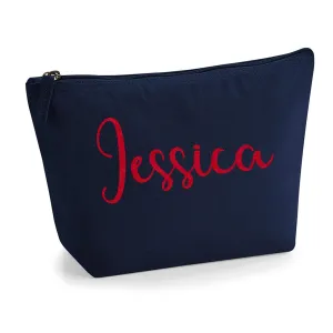 Personalized Name Initials Make Up Accessory Bag in Navy Colour Glitter or Flock Texture Print - Red Flock - L Navy