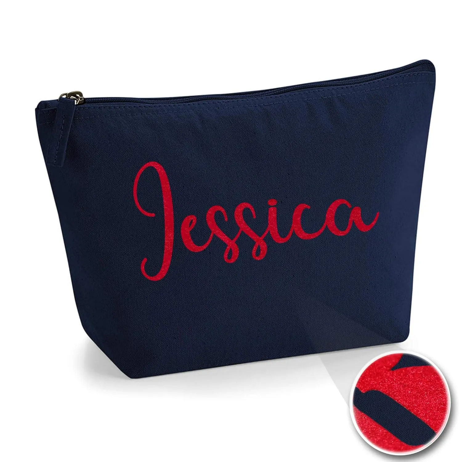 Personalized Name Initials Make Up Accessory Bag in Navy Colour Glitter or Flock Texture Print - Red Flock - L Navy