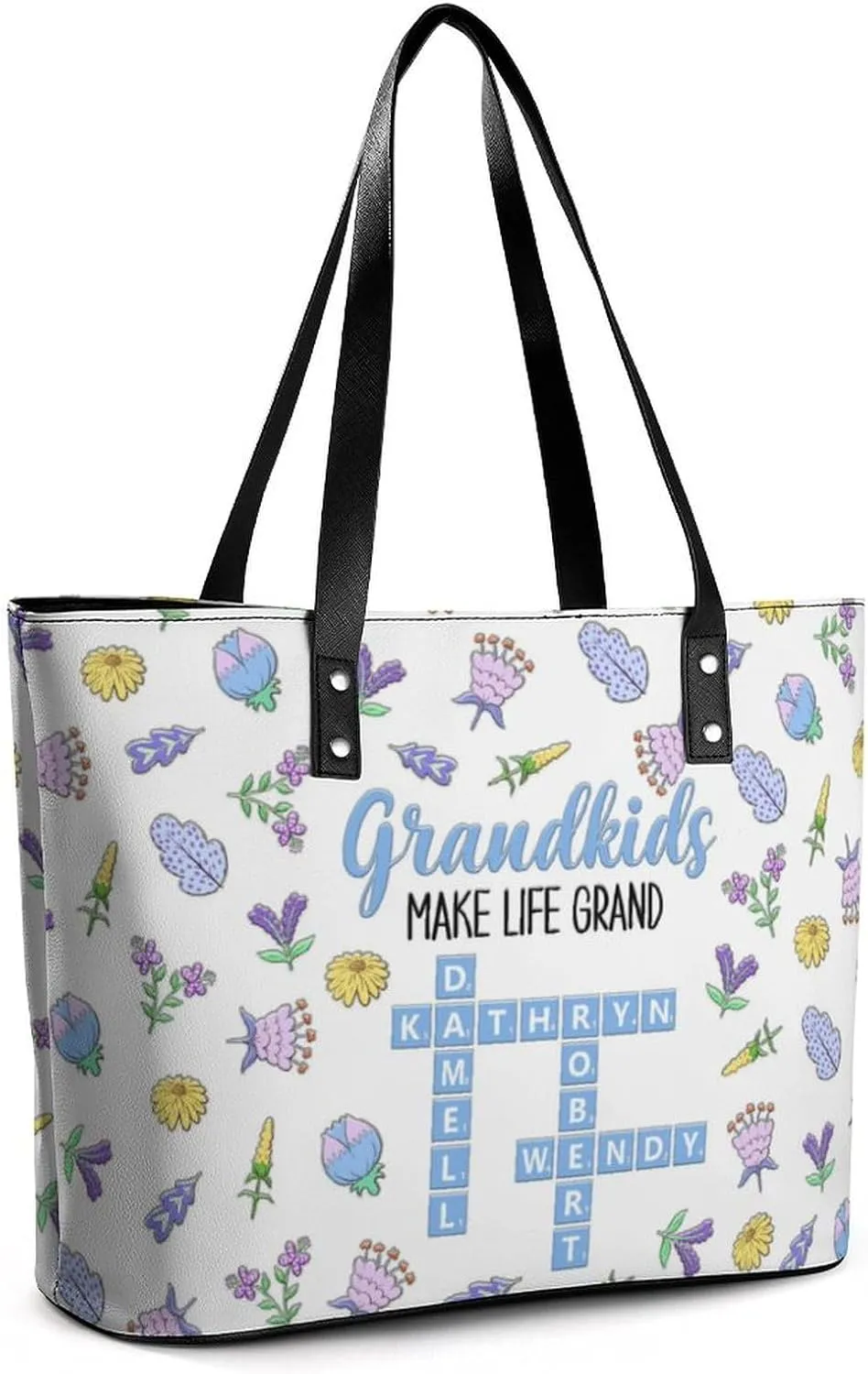 Personalized printed leather handbag, handbag with name birthday flower, suitable for beach, work, travel, gift for mother