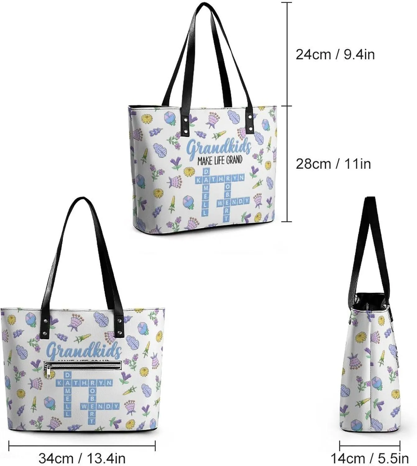 Personalized printed leather handbag, handbag with name birthday flower, suitable for beach, work, travel, gift for mother