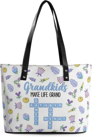 Personalized printed leather handbag, handbag with name birthday flower, suitable for beach, work, travel, gift for mother