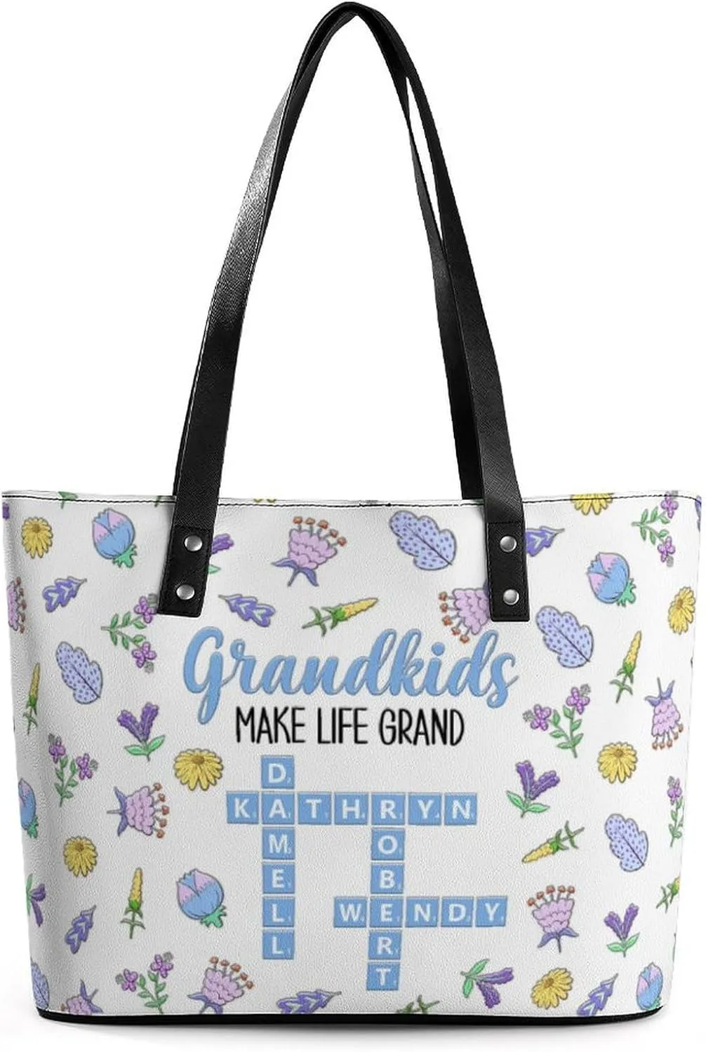 Personalized printed leather handbag, handbag with name birthday flower, suitable for beach, work, travel, gift for mother