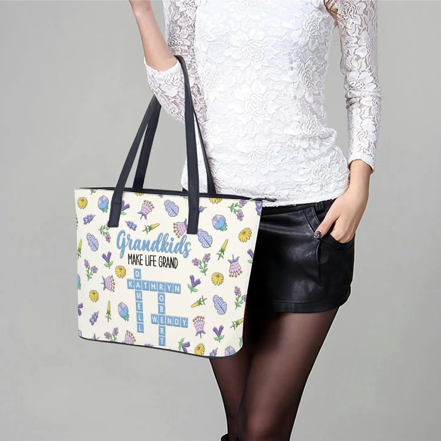 Personalized printed leather handbag, handbag with name birthday flower, suitable for beach, work, travel, gift for mother