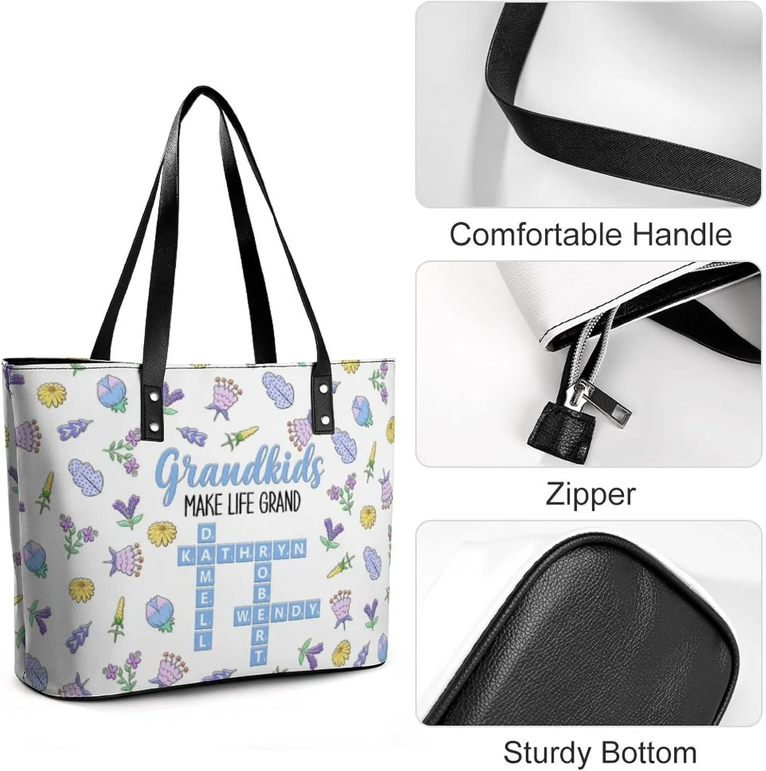 Personalized printed leather handbag, handbag with name birthday flower, suitable for beach, work, travel, gift for mother