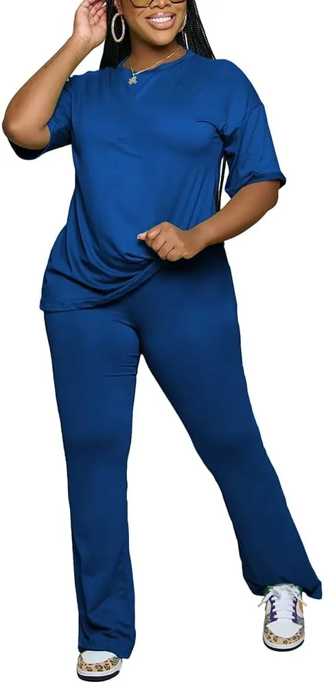 PINSV Women 2 Piece Outfits Short Sleeve Top and Flare Pants Lounge Sets Tracksuit