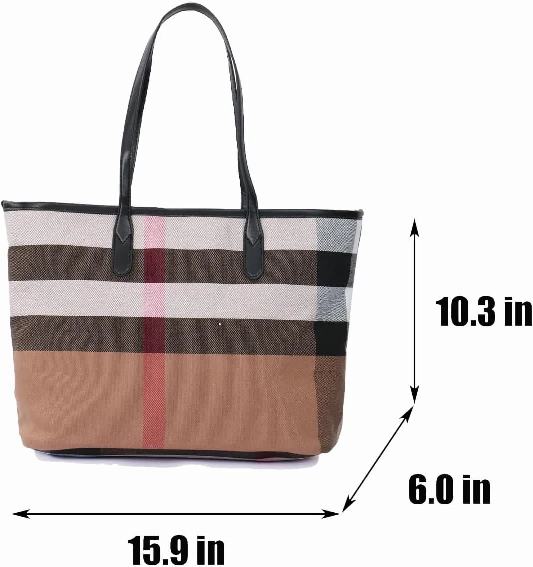 Plaid Large Capacity Women's Canvas Handbag Fashion Spacious Casual Commuter Beach Bag