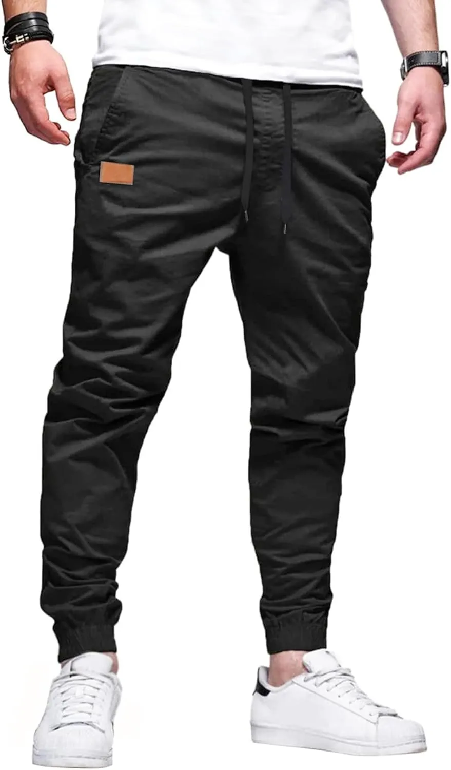 PLEPAN Mens Casual Cargo Joggers - Cotton Drawstring Chino Pants Hiking Outdoor Twill Track Jogging Sweatpants