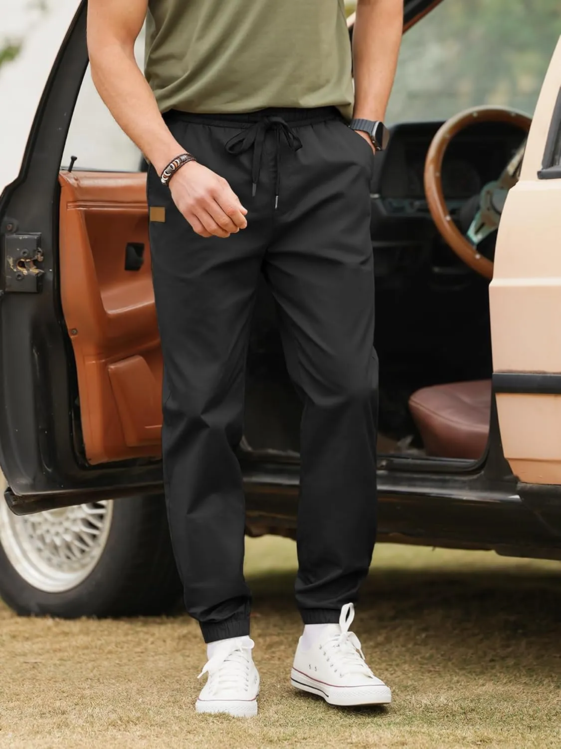 PLEPAN Mens Casual Cargo Joggers - Cotton Drawstring Chino Pants Hiking Outdoor Twill Track Jogging Sweatpants