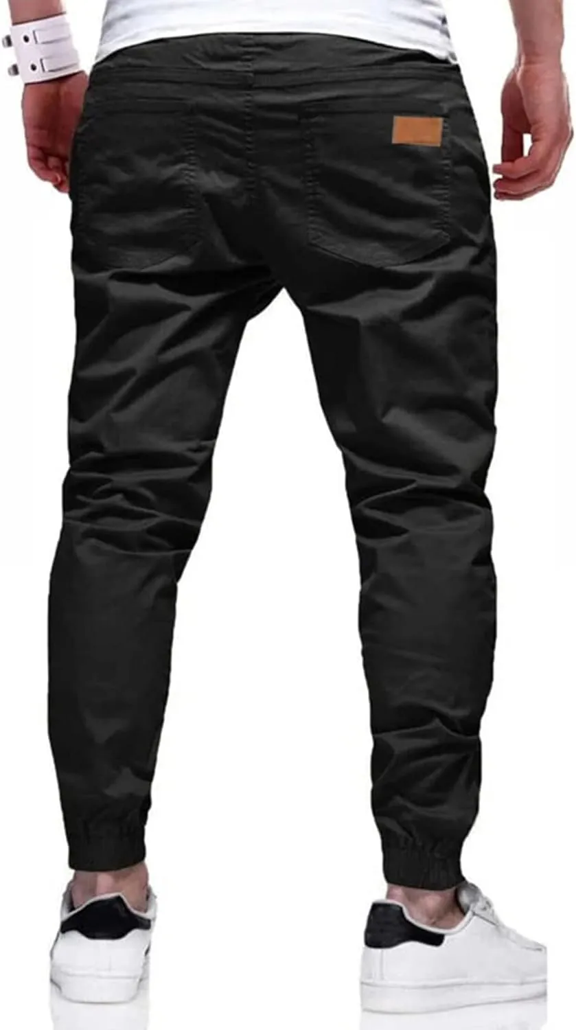 PLEPAN Mens Casual Cargo Joggers - Cotton Drawstring Chino Pants Hiking Outdoor Twill Track Jogging Sweatpants