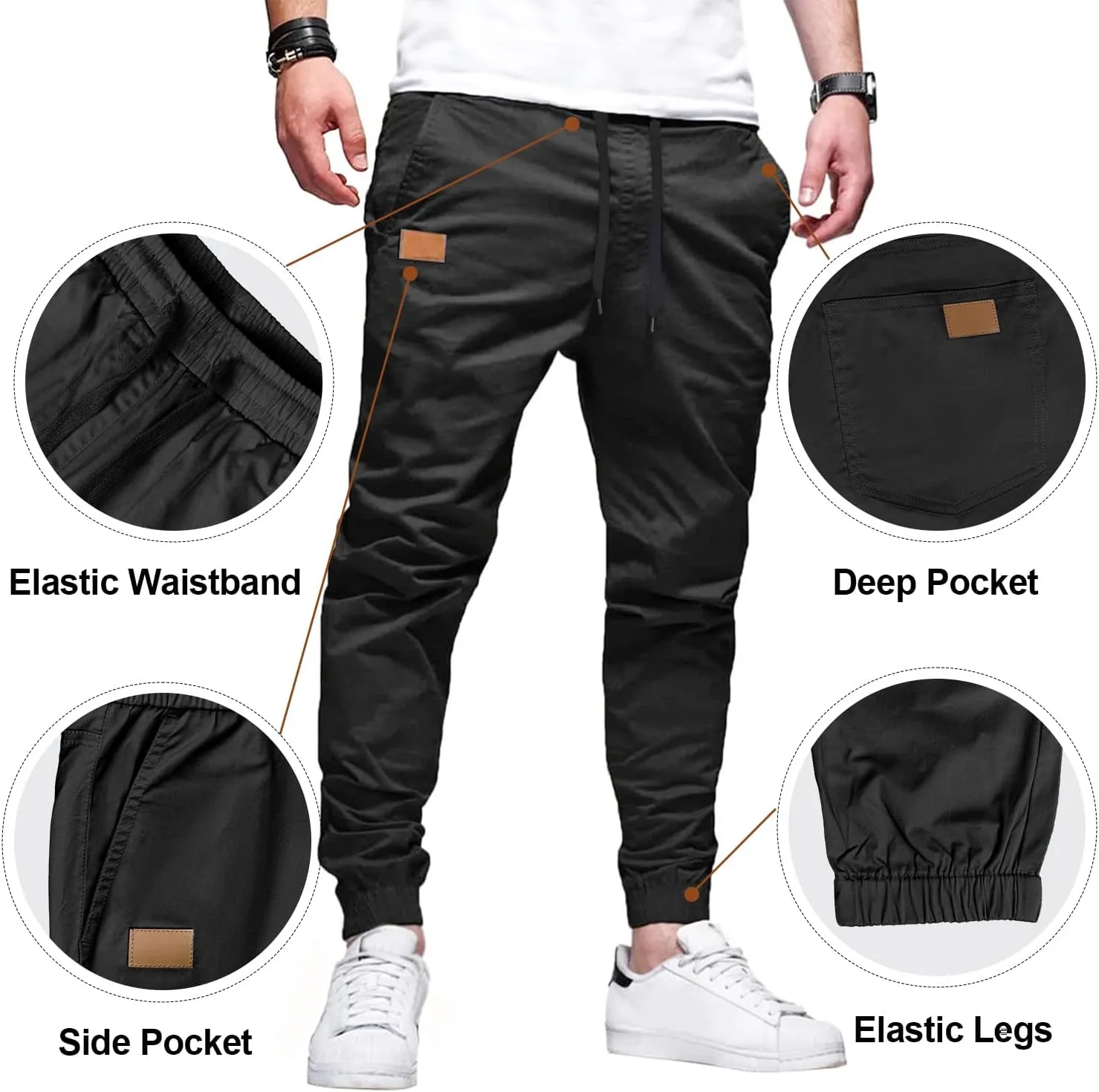 PLEPAN Mens Casual Cargo Joggers - Cotton Drawstring Chino Pants Hiking Outdoor Twill Track Jogging Sweatpants