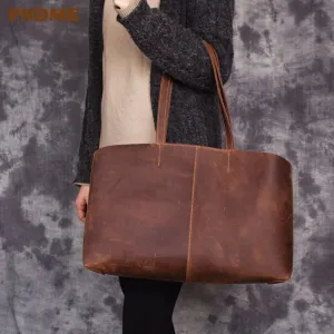 PNDME casual simple genuine leather ladies tote bag vintage cowhide large capacity women work weekend shopping shoulder handbag