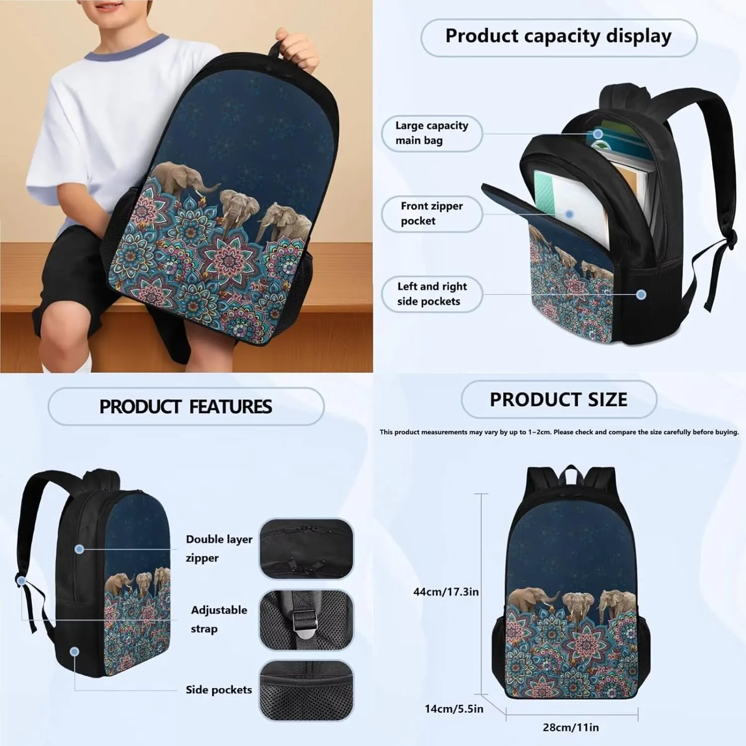 Poceacles Girls Elephant Backpack 10-12 Years Old with Lunch Box Kids Bookbag Set of 3 Boho Mandala Backpacks Ages 8-10 with Lunchbox Pencil Case Elementary School Book Bag Mochila Para NiñAs