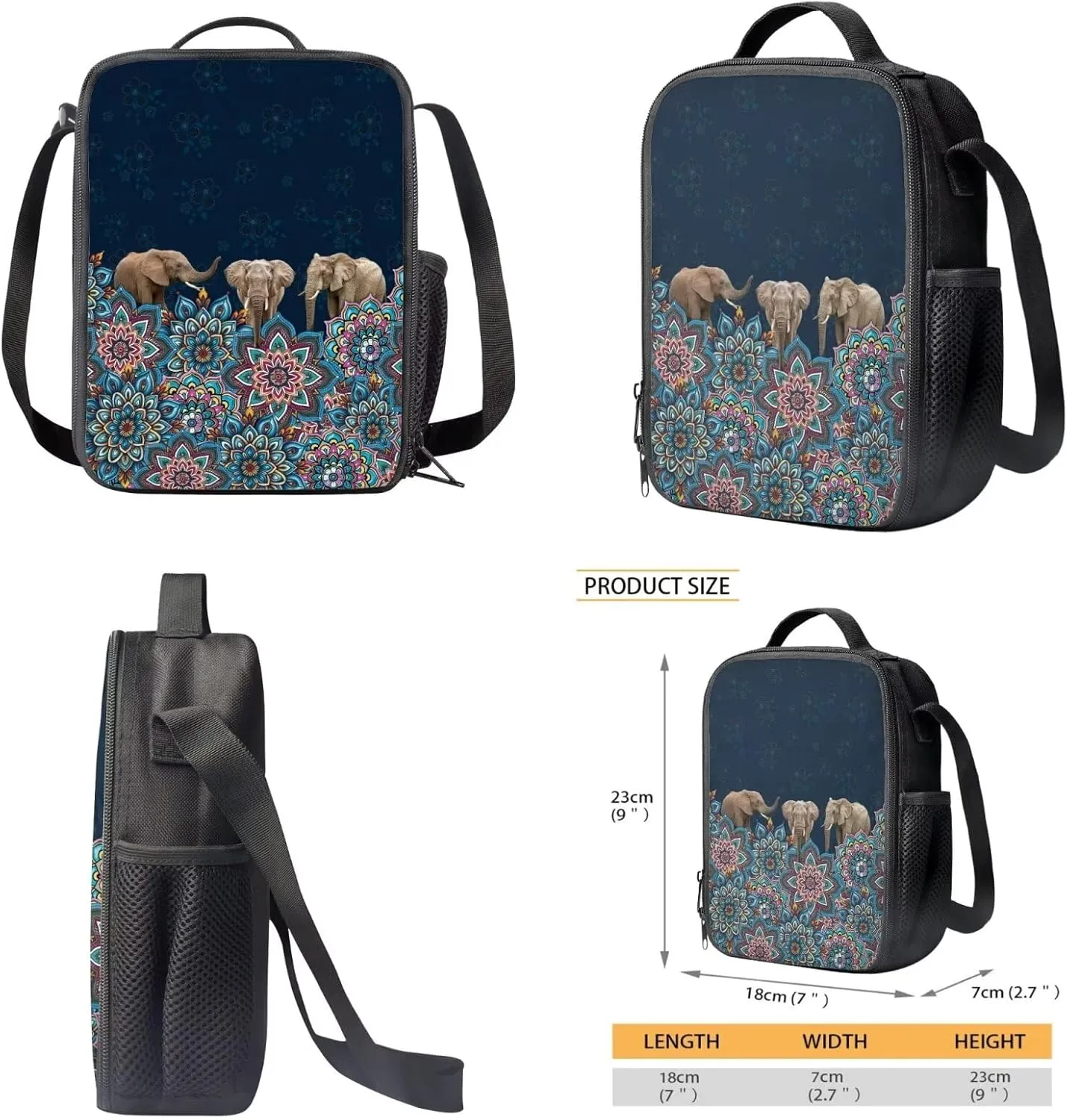 Poceacles Girls Elephant Backpack 10-12 Years Old with Lunch Box Kids Bookbag Set of 3 Boho Mandala Backpacks Ages 8-10 with Lunchbox Pencil Case Elementary School Book Bag Mochila Para NiñAs