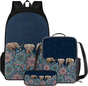 Poceacles Girls Elephant Backpack 10-12 Years Old with Lunch Box Kids Bookbag Set of 3 Boho Mandala Backpacks Ages 8-10 with Lunchbox Pencil Case Elementary School Book Bag Mochila Para NiñAs